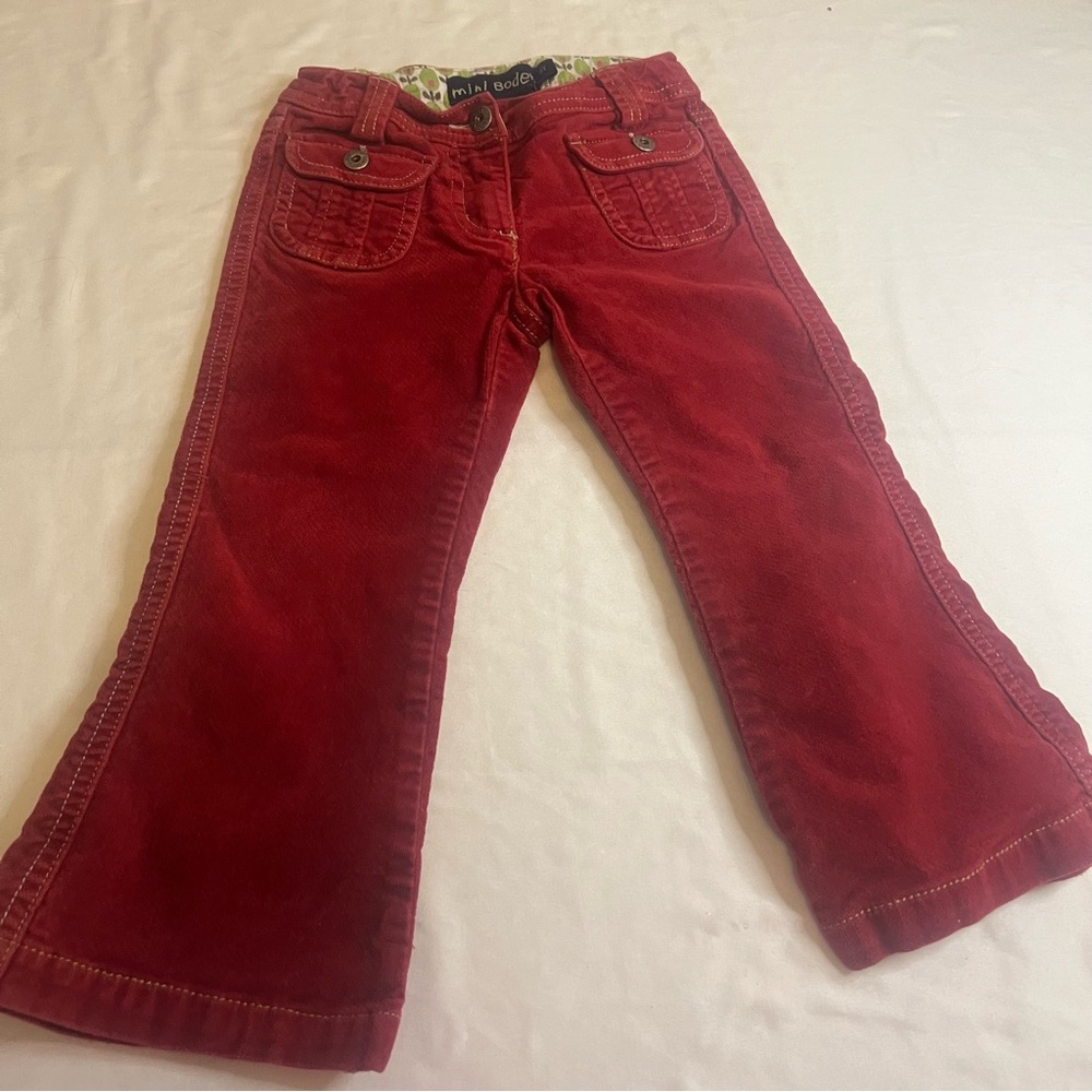 Mini Boden Girls Red Corduroy Pants 3Y Floral Waist Flare Boho Adjustable Kids